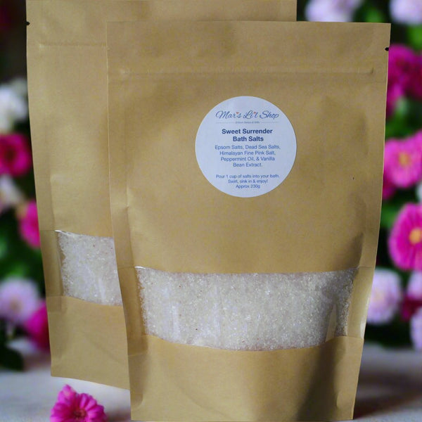 These bath salts combine the mineral-rich properties of Dead Sea salt, Pink Himalayan salt, and Epsom salt for a rejuvenating soak.

Dead Sea Salt: Known for its therapeutic benefits, it helps to relax muscles and soothe skin, providing a deep cleanse and promoting relaxation.
Pink Himalayan Salt: Rich in minerals, it can help balance the body's pH and improve circulation, offering a gentle exfoliating effect.
Epsom Salt: Renowned for its ability to relieve muscle tension and reduce inflammation, making it 