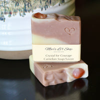This soap is scented with the musky, herbaceous scent of Clary Sage.  It has a lovely Carnelian crystal embedded on top.  The crystal is known for being a stone of courage, endurance, energy, leadership, and motivation. This stone has inspired throughout history thanks to it's bright, rich colouring.
