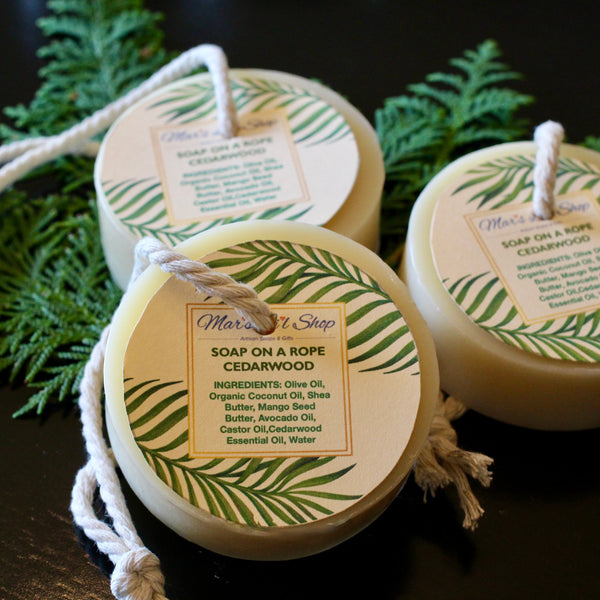 Why do we love our soap on a Rope?&nbsp;  No more slippery soap in the shower - just loop it round your wrist for a firm grip.&nbsp; Great those who struggle to bend down. Soap dries faster and lasts longer All-natural Plastic free&nbsp; Plant based oils Scented naturally with Cedarwood Essential Oil