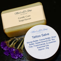 This set offers a gentle aftercare for your new tattoo with a simple, mild vegan soap to clean, and salve to moisturize, hydrate and sooth your skin as it heals. The combination of Tea Tree oil is added for it's anti inflammatory properties, Frankincense oil is added to help heal faster and Lavender oil to will help relieve pain.