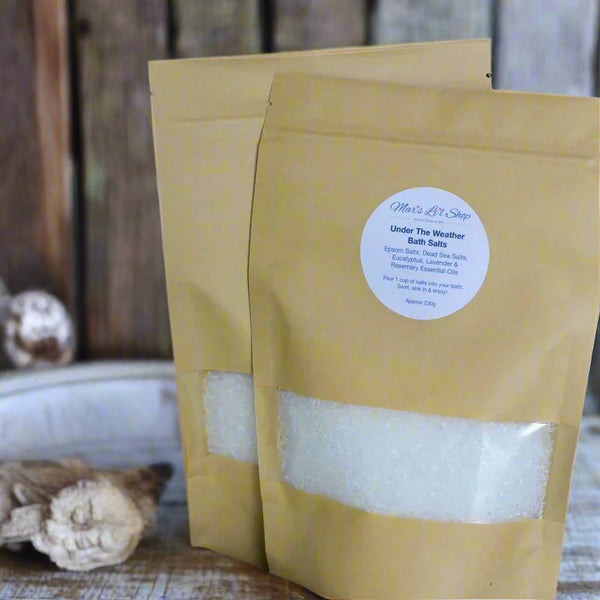 Feeling under the weather? Our bath salts are your perfect remedy. Infused with a blend of Eucalyptus, Lavender and Rosemary essential oils, enriched with Dead Sea salts and Epsom salts, they offer a soothing escape. The Dead Sea salts, renowned for their mineral-rich properties, help to relax tired muscles and improve skin health, while the Epsom salts work to alleviate aches and promote relaxation.

As you dissolve these salts in your bath, the essential oils release their calming and therapeutic aromas, 