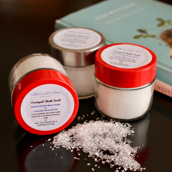 Tranquil Bath Soaks are a little jar of relaxation.  Epsom Salts & pure Lavender Essential Oil work together to sooth your skin, relax your muscles and calm your mind.  Grab a glass of wine or a cup of tea, sink in and treat yourself after a long day.